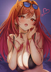 1girl =_hair_ornament absurdres ahoge bikini black_bikini bracelet breasts cleavage commentary_request earrings eyewear_on_head gold_choker gradient_hair hair_ornament hairclip hands_up heart highres hololive hololive_dev_is ichijou_ririka jewelry large_breasts long_hair mito_soosu multicolored_hair nail_polish orange_eyes orange_hair pink_hair pink_nails solo sunglasses swept_bangs swimsuit teeth upper_body upper_teeth_only virtual_youtuber