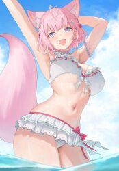 1girl :d absurdres animal_ear_fluff animal_ears antenna_hair aoi_zerii arm_behind_back armpits arms_up bikini braid breasts choker cloud commentary_request cumulonimbus_cloud day frilled_bikini frilled_choker frills front-tie_bikini_top front-tie_top hakui_koyori hakui_koyori_(summer) highres hololive large_breasts navel official_alternate_costume official_alternate_hair_length official_alternate_hairstyle open_mouth outdoors outstretched_arm paid_reward_available pink_hair purple_eyes short_hair side_braids smile solo stomach swimsuit tail virtual_youtuber wading white_bikini white_choker wolf_ears wolf_girl wolf_tail
