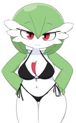 1girl bare_shoulders bikini black_bikini blush breasts cleavage closed_mouth collarbone colored_skin cowboy_shot female_focus front-tie_bikini_top front-tie_top gardevoir gen_3_pokemon gluteal_fold green_hair green_skin groin hair_between_eyes half-closed_eyes hands_on_own_hips happy highres large_breasts light_blush looking_at_viewer multicolored_skin navel nintendo pokemon pokemon_(creature) red_eyes short_hair side-tie_bikini_bottom simple_background smile solo split_mouth standing stomach string_bikini swimsuit tagyeokgam thick_thighs thighs two-tone_skin white_background white_skin