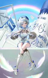 1girl 4meart0112 :d absurdres bare_shoulders blue_eyes blue_hat blue_streaks blurry blurry_foreground boots clothing_cutout cloud corset door fantasy feathers floating hat headset heart heart_hands hebi_(vtuber) highres indie_virtual_youtuber knees_together_feet_apart long_hair looking_at_viewer multicolored_hair open_door open_mouth pillar porcelain qinghua_(porcelain) rainbow ribbon scale_print see-through_clothes see-through_sleeves shorts shoulder_cutout sitting sky smile snake solo streaked_hair thighs twintails virtual_youtuber white_boots white_corset white_hair white_shorts white_snake
