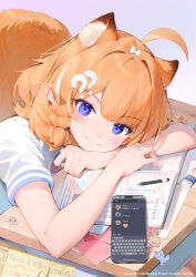 1girl ? ?? andychen animal_ear_fluff animal_ears blue_eyes blush book braid cellphone closed_mouth desk hair_ornament highres meridian_project open_book orange_hair pencil_skirt phone school_desk short_sleeves skirt smartphone smile solo tail translation_request virtual_youtuber yuzumi_(meridian_project)