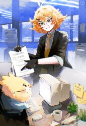 1girl 1other absurdres ahoge aqua_eyes aqua_shirt artist_logo bespectacled black_jacket blonde_hair coffee computer computer_keyboard computer_mouse crt cup dated dokibird_(vtuber) dokibird_(vtuber)_(bounty_hunter) dragoon_(dokibird) english_text glasses hair_ornament hairclip highres indie_virtual_youtuber jacket kishonyskab logo looking_at_another medium_hair mug necktie office orange_necktie plant shirt sitting sticky_note upper_body virtual_youtuber