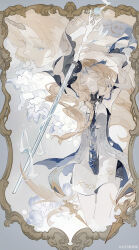 2girls absurdres black_collar black_dress blonde_hair blue_eyes cartethyia_(wuthering_waves) chinnen closed_mouth collar commentary_request crown_of_thorns dress dual_persona earrings fleurdelys_(wuthering_waves) highres horns incredibly_absurdres jewelry long_hair multiple_girls necklace parted_lips pointy_ears sad single_horn tabard tacet_mark_(wuthering_waves) thighs very_long_hair white_tabard wuthering_waves yellow_horns zhi_xu_li_ming