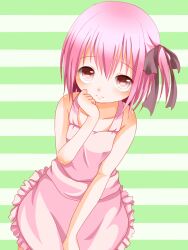 1girl apron bare_shoulders black_ribbon chikuwa_savy closed_mouth collarbone commentary_request covering_crotch covering_privates frilled_apron frills green_background hair_ribbon hand_on_own_chin highres looking_at_viewer medium_hair minato_tomoka naked_apron pink_apron pink_eyes pink_hair ribbon rou-kyuu-bu! smile solo standing striped_background
