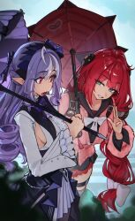 Rule 34 | 2girls, absurdres, ascot, black sailor collar, black shirt, black skirt, bow, bowtie, breasts, cardigan, center frills, chest bow, clenched teeth, commentary, day, drill hair, frills, green eyes, highres, holding, holding umbrella, long hair, looking at another, m3ru, medium breasts, mole, mole under eye, multiple girls, outdoors, parasol, pink cardigan, pointy ears, purple ascot, purple bow, purple bowtie, purple hair, purple umbrella, red eyes, red hair, red umbrella, sailor collar, shirt, shrug (clothing), sideboob, skirt, sphere hair ornament, teeth, ukinami yuzuha, umbrella, umbrella over shoulder, vivian banshee, white bow, white bowtie, white shrug, zenless zone zero