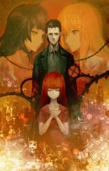 1boy 3girls absurdres aged_down akihabara_(tokyo) beard_stubble black_jacket black_shirt brown_eyes brown_hair buttons child closed_eyes collarbone collared_shirt dress facial_hair frown game_cg gears green_eyes green_hair hands_on_own_chest highres hiyajou_maho huke jacket lapels makise_kurisu messy_hair multiple_girls non-web_source notched_lapels official_art okabe_rintarou okabe_rintarou_(beta) purple_eyes red_dress red_hair ringed_eyes sad shiina_kagari shirt short_hair short_sleeves square_pupils standing steins;gate steins;gate_0 stubble