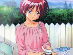 1girl blue_eyes chair closed_mouth collarbone day feet_out_of_frame female_focus hair_between_eyes hinomoto_hikari long_hair looking_at_viewer mole mole_under_eye official_art red_hair scenery short_hair sitting smile solo tokimeki_memorial tokimeki_memorial_2 watermark web_address