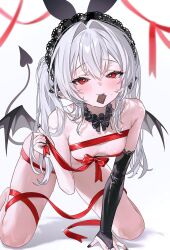 1girl animal_ears black_nails black_wings blush breasts chocolate demon_tail demon_wings fake_animal_ears food_in_mouth fymrie highres long_hair nail_polish naked_ribbon original rabbit_ears red_eyes red_ribbon ribbon simple_background small_breasts solo sweatdrop tail twintails vanya_(fymrie) white_background white_hair wings