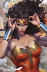1girl armpit_crease bare_shoulders bird black_hair blue_eyes blurry blurry_background breasts circlet cleavage collarbone dc_comics diana_prince dove gauntlets highres light_smile lips long_hair looking_at_viewer mature_female medium_breasts official_art parted_lips realistic signature solo stanley_lau strapless wonder_woman