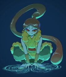 1boy blue_background blue_eyeshadow brown_hair colored_sclera eyeshadow highres japanese_clothes long_hair looking_at_viewer makeup oogama_(youkai_watch) ponytail red_eyes ripples sandals socks solo squatting toraware_x white_socks yellow_sclera youkai_(youkai_watch) youkai_watch