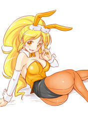 1girl alternate_costume animal_ears ass back-seamed_legwear black_leotard blonde_hair bow bowtie breasts brown_pantyhose collar commentary cure_honey detached_collar detached_sleeves fake_animal_ears fake_tail from_behind happinesscharge_precure! kazuma_muramasa leotard long_hair looking_at_viewer looking_back lying magical_girl medium_breasts multicolored_leotard on_side oomori_yuuko open_mouth orange_leotard orange_nails pantyhose playboy_bunny ponytail precure rabbit_ears rabbit_tail salute seamed_legwear simple_background smile solo strapless strapless_leotard tail two-finger_salute two-tone_leotard white_background white_collar white_sleeves wing_collar wrist_cuffs yellow_eyes