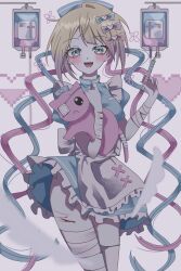 1girl aegyo_sal apron bandaged_arm bandaged_leg bandaged_tail bandages blonde_hair blue_eyes blue_hair bow bug butterfly cat chest_bow cowboy_shot cross doodle_inset dress eyepatch frilled_dress frills frown hair_bow hat heart highres holding holding_stuffed_toy holding_syringe insect intravenous_drip looking_at_viewer medical_eyepatch multiple_hair_bows multiple_scars needy_girl_overdose nurse nurse_cap open_mouth pien_cat_(needy_girl_overdose) pink_hair quad_tails reno_(re_leno) scar scar_on_arm scar_on_leg self-harm solo sparkling_eyes stuffed_toy syringe teeth thigh_cutting upper_teeth_only white_apron winged_sleeves wrist_cutting