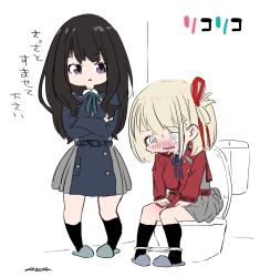 Rule 34 | 2girls, black hair, black socks, blonde hair, blue ribbon, blush, bob cut, dress, green ribbon, grey dress, hair ribbon, inoue takina, kneehighs, long hair, lycoris recoil, lycoris uniform, mudou eichi, multiple girls, nishikigi chisato, panties, panty pull, pleated dress, purple eyes, ribbon, short hair, slippers, socks, toilet, toilet use, two-tone dress, underwear, white panties