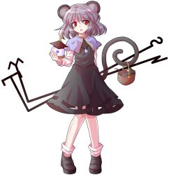 1girl alphes_(style) animal_ears arm_at_side basket bishamonten&#039;s_pagoda black_dress blue_capelet capelet commentary_request dairi dowsing_rod dress full_body grey_hair holding holding_with_tail jewelry large_variant_set long_sleeves looking_at_viewer mouse_(animal) mouse_ears mouse_tail nazrin necklace open_mouth parody pendant prehensile_tail red_eyes short_hair solo style_parody tachi-e tail touhou transparent_background variant_set