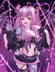 1girl ahoge belt black_jacket black_shorts breasts chest_tattoo cleavage detached_wings facial_mark fingernails hair_ornament heart heart_ahoge heart_facial_mark highres ironmouse jacket long_fingernails long_sleeves mechanical_hands mechanical_wings midriff multicolored_hair navel open_mouth pink_hair purple_belt purple_eyes purple_hair purple_nails shorts single_mechanical_hand smile solo streaked_hair tattoo virtual_youtuber vshojo wings yuyamifall zipper