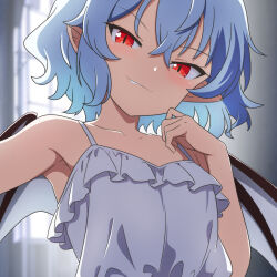 1girl armpits bare_shoulders bat_wings blue_hair blurry blurry_background cato_(monocatienus) collarbone commentary_request fang head_tilt highres looking_at_viewer pointy_ears red_eyes remilia_scarlet shirt solo touhou upper_body white_shirt wings