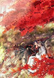 2boys ahoge animal animal_on_lap autumn autumn_leaves black_hair black_hanfu black_robe blurry chinese_clothes collarbone day english_text grass grey_eyes hair_ribbon hand_up hanfu headband highres holding holding_animal holding_leaf knee_up lan_wangji leaf leaf_on_head light_particles long_hair long_sleeves looking_at_another male_focus maple_leaf maple_tree mg_ms_dayo modao_zushi multiple_boys nature on_lap open_mouth outdoors pectoral_cleavage pectorals plant ponytail rabbit red_ribbon ribbon river robe rock scenery sidelocks sitting smile sparkle topknot tree twitter_username very_long_hair water wei_wuxian white_hanfu white_headband white_robe wide_sleeves xiao_guan_(headdress) yaoi yellow_eyes