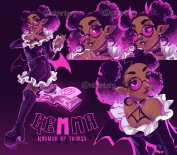 Rule 34 | 1girl, absurdres, afro, black boots, black dress, black hair, black sclera, book, boots, breasts, character name, cleavage, colored sclera, commentary, crescent, crescent earrings, curly hair, dark-skinned female, dark skin, double bun, dress, earrings, frilled dress, frills, gemma (lurrkingly), glowing, glowing eyes, goth fashion, hair bun, highres, jewelry, lips, long sleeves, lyr (lurrkingly), medium breasts, medium hair, multiple views, original, pointy ears, purple eyes, reference sheet, round eyewear, sunglasses, thigh boots, tinted eyewear, vampire, very dark skin