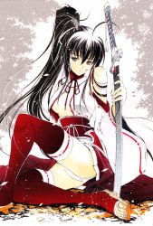 1girl absurdres black_hair blue_eyes breasts detached_sleeves female_focus geta highres japanese_clothes leaf long_hair moonsorrow nature original panties sitting solo sword thighhighs traditional_media underwear very_long_hair weapon