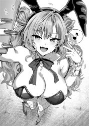 1girl :d alternate_costume animal_ears bare_shoulders blue_archive blush breasts cellphone cleavage commentary_request detached_collar double_bun fake_animal_ears fingernails fishnet_pantyhose fishnets from_above greyscale hair_bun heart high_heels highres holding holding_phone kirara_(blue_archive) kojima_saya large_breasts leotard long_fingernails long_hair looking_at_viewer monochrome musical_note nail_polish open_mouth pantyhose phone playboy_bunny rabbit_ears selfie smartphone smile solo spoken_musical_note strapless strapless_leotard v