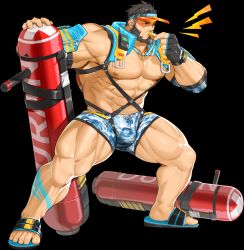 Rule 34 | 1boy, abs, bara, beard, biceps, black eyes, black hair, bulge, buzz cut, communicator, duran (gyee), facial hair, frown, gloves, gomtang, gyee, harness, hat, highres, large pectorals, life vest, lifeguard, looking to the side, male focus, mature male, muscular, muscular arms, muscular legs, muscular male, nipples, official art, pectorals, sandals, short hair, shorts, solo, tattoo, thighs, tonfa, topless male, veins, veiny arms, very short hair, visor cap, walkie-talkie, watch, weapon, whistle, whistle around neck, whistling