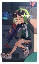 1girl absurdres artist_name black_shorts border commission dolphin_shorts eyewear_on_head film_grain green_hair green_jacket grey_shirt grin highres holding holding_weapon inkling inkling_girl inkling_player_character jacket letterman_jacket long_sleeves looking_at_viewer nintendo pointy_ears prat_rat red-framed_eyewear shirt shoes short_hair shorts smile solo splat_charger_(splatoon) splatoon_(series) sunglasses super_sea_snail tentacle_hair watermark watermark_grid weapon white_border white_shoes yellow_eyes