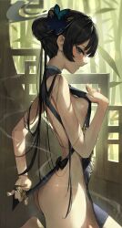 1girl absurdres ass bamboo blue_archive blush breasts butterfly_hair_ornament china_dress chinese_clothes clothes_pull commentary_request double_bun dragon_print dress dress_pull from_side grey_eyes grey_halo hair_bun hair_ornament halo highres kisaki_(blue_archive) long_hair meltyrice pelvic_curtain print_dress pulling_own_clothes small_breasts solo wet