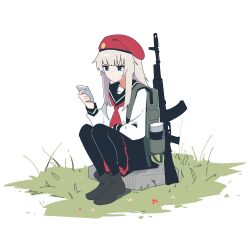 1girl absurdres ak-74m ak74m_(girls&#039;_frontline) alternate_costume assault_rifle backpack bag beret black_boots black_pantyhose black_sailor_collar blonde_hair blue_eyes boots closed_mouth commentary full_body girls&#039;_frontline grass gun hat highres holding holding_phone kalashnikov_rifle long_hair myticalcat neckerchief pantyhose phone red_hat red_neckerchief rifle sailor_collar school_uniform serafuku shirt simple_background sitting solo weapon white_background white_shirt