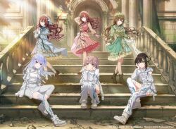 blue_hair boots brown_boots curly_hair dress food-themed_hair_ornament green_dress hair_ornament hat highres idolmaster idolmaster_shiny_colors ikuta_haruki kuwayama_chiyuki long_hair megurine_luka official_art orange_hair_ornament osaki_amana osaki_tenka pink_hair red_hair shirt shoes sitting sitting_on_stairs skirt stairs suzuki_hana white_shoes