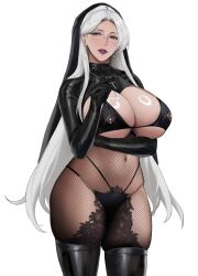1girl alios_arvin black_bra black_gloves black_panties black_sleeves bodystocking bra breasts chinese_commentary commentary_request covered_navel cowboy_shot earrings fishnet_bodystocking fishnets framed_breasts glasses gloved_sleeves gloves heart heart_earrings highres huge_breasts jewelry long_hair mature_female mole mole_under_mouth navel nun original panties purple_lips rectangular_eyewear rimless_eyewear simple_background solo underwear very_long_hair white_background white_hair