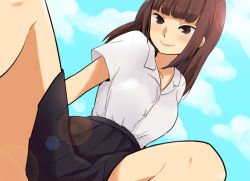 1girl bad_id bad_pixiv_id bare_legs blunt_bangs brown_eyes brown_hair cloud day female_focus from_below ica lens_flare lips long_hair original outdoors school_uniform sky solo spread_legs