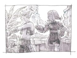 1boy 1girl bodysuit braid final_fantasy final_fantasy_xii greyscale medium_hair michibata_65 monochrome open_mouth penelo protected_link short_hair smile thighhighs twin_braids twintails vaan_(ff12)