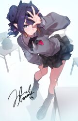 1girl ascot black_ascot black_shoes black_skirt black_socks chair character_name chuunibyou closed_mouth commentary diamond_hairband english_commentary eyepatch gradient_hair grey_sweater hand_on_own_knee highres hololive hololive_english kneehighs kuno_(runkunochan) leaning_to_the_side long_sleeves looking_at_viewer medical_eyepatch mole mole_under_eye multicolored_hair ninomae_ina&#039;nis ninomae_ina&#039;nis_(school_uniform) official_alternate_costume official_alternate_hairstyle open_hand orange_hair pink_hair plaid_clothes plaid_skirt pleated_skirt pointy_ears puffy_long_sleeves puffy_sleeves purple_eyes purple_hair school_chair shoes side_ponytail simple_background skirt socks solo streaked_hair sweater takodachi_(ninomae_ina&#039;nis) tentacle_hair virtual_youtuber white_background