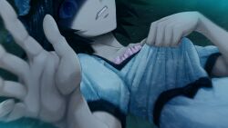 1girl aqua_eyes black_bow black_hair black_sash black_trim blue_dress blue_eyes blue_hat bow breasts chest_bow clenched_teeth clutching_chest collar collarbone crying crying_with_eyes_open dress dutch_angle dying flying_teardrops frilled_collar frilled_hat frills from_below game_cg hat heart_attack highres huke imminent_death medium_breasts medium_hair motion_blur motion_lines night night_sky official_art outdoors palms parted_lips pink_frills pink_lips puffy_short_sleeves puffy_sleeves pulling_own_clothes ringed_eyes sash scared shiina_mayuri shiny_lips short_sleeves sky solo spoilers square_pupils star_(sky) steins;gate steins;gate:_linear_bounded_phenogram streaming_tears tareme teardrop tears teeth waist_sash wide-eyed