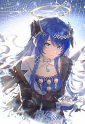 1girl absurdres aqua_eyes arknights black_jacket blue_dress blue_eyes blue_hair breasts closed_mouth dress gloves halo highres horns jacket jewelry long_hair looking_at_viewer mostima_(arknights) mostima_(ethereal_harmony)_(arknights) necklace official_alternate_costume rtyz smile solo upper_body