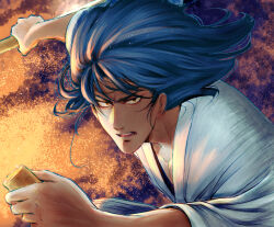 1boy black_hair brown_eyes cloud collarbone drawing_sword glowing_lines goekakisan_(adelma) hair_between_eyes hair_flowing_over hakama highres holding holding_sword holding_weapon ishikawa_goemon_xiii japanese_clothes light_particles looking_at_viewer lupin_iii muscular muscular_male sword weapon