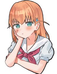 1girl :t absurdres arm_support cropped_torso dress hair_ornament hand_on_own_cheek hand_on_own_face hasu_no_sora_school_uniform highres hinoshita_kaho hisho_(rythm_hisho) link!_like!_love_live! looking_at_viewer love_live! medium_hair neckerchief orange_hair pout rabbit_hair_ornament red_neckerchief sailor_collar sailor_dress school_uniform simple_background solo summer_uniform two_side_up virtual_youtuber white_background white_dress white_sailor_collar