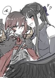 2girls absurdres awa_subaru black_dress black_gloves blush brown_eyes cape closed_mouth commentary_request demon_horns dress elbow_gloves fang feathered_wings fur-trimmed_cape fur_trim girls_band_cry girls_band_cry_rpg gloves hand_on_another&#039;s_head heart highres horns iseri_nina kumogumo looking_at_another multiple_girls open_mouth purple_eyes red_cape red_hair short_twintails simple_background smile spoken_squiggle squiggle twintails white_background wings yuri