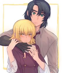 1boy 1girl athrun_zala blonde_hair blue_hair blush buttons cagalli_yula_athha couple double-breasted green_eyes gundam gundam_seed gundam_seed_freedom height_difference highres holding_hands hug hug_from_behind interlocked_fingers kimi88407604 necktie red_necktie short_hair white_background yellow_eyes