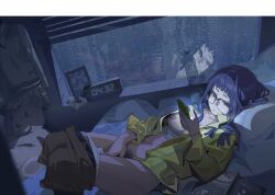 1girl black-framed_eyewear blue_hair blue_pubic_hair book bottle breasts brown_shorts cellphone clock clothes clothes_pull colored_pubic_hair condensation digital_clock female_masturbation female_pubic_hair glasses highres holding holding_phone indoors light_blush long_hair long_sleeves looking_at_phone lying masturbation medium_breasts navel nipples on_back oogaki_chiaki open_clothes open_shirt panties panty_pull parted_lips phone photo_(object) picture_frame plastic_bottle pubic_hair red_eyes reflection shirt shorts shorts_pull smartphone solo stuffed_animal stuffed_toy sunny_bitch sweat teddy_bear teeth underwear water_bottle white_panties window yellow_shirt yurucamp