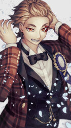 Rule 34 | 1boy, ace trappola, award ribbon, black bow, black bowtie, black vest, bow, bowtie, brown hair, brown jacket, commentary request, grey background, grin, hands up, highres, jacket, looking at viewer, male focus, orange eyes, plaid clothes, plaid jacket, shirt, short hair, smile, solo, susamiyasan, twisted wonderland, upper body, vest, white shirt