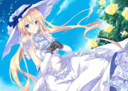 1girl :o black_gloves blonde_hair blue_eyes blush cloud day dress dutch_angle elbow_gloves female_focus floating_hair flower frilled_dress frills gloves hat hat_ribbon hinoto interlocked_fingers long_hair looking_at_viewer original outdoors own_hands_clasped own_hands_together ribbon rose sidelocks sky solo very_long_hair white_dress white_hat yellow_flower yellow_rose
