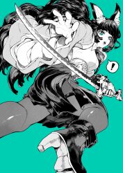 ! 1girl absurdres animal_ear_fluff animal_ears breasts collared_shirt commentary_request fox_ears fox_girl from_side gauntlets glint green_background green_eyes greyscale_with_colored_background highres holding holding_sword holding_weapon hoshimi_miyabi jacket katana long_hair looking_at_viewer medium_breasts necktie open_mouth pantyhose partial_commentary shirt side_slit single_gauntlet skirt solo spoken_exclamation_mark spot_color sword weapon wide_sleeves yotsumi_shiro zenless_zone_zero