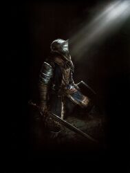 1boy armor arms_at_sides belt brown_gloves capelet chainmail chosen_undead dark dark_souls_(series) dark_souls_i elbow_gloves full_armor full_body gauntlets gloves greaves helmet highres holding holding_shield holding_sword holding_weapon kneeling knight light_rays looking_up male_focus official_art pauldrons scan scarf shield shoulder_armor solo stone_floor sword weapon