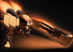 absurdres bionicle boxor_(bionicle) burns_tiger5 cable commentary commission english_commentary fire fire_emblem fire_emblem_heroes green_eyes highres kanohi_(bionicle) mecha motion_blur nintendo nuparu_(bionicle) punching robot science_fiction signature the_lego_group thrusters