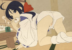 1girl ahoge all_fours arm_support ass bakumatsu_rouman steamed_bun black_eyes black_hair blue_eyes blue_hair blush bow cleft_of_venus cup eating fang female_focus food hair_bow haori ichijou_akari japanese_clothes loli looking_at_viewer looking_back miko onmyouji ponytail pussy pussy_peek red_bow shorts snk solo stupa13a tabi teacup upshorts white_shorts