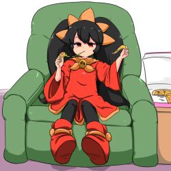 1girl ashley_(warioware) big_hair black_hair blush boots chair commentary_request dress eating food food-themed_hair_ornament food_in_mouth hair_ornament hairband holding holding_food holding_pizza long_hair long_sleeves neckerchief nintendo orange_hair_ornament orange_hairband orange_neckerchief pantyhose pizza pizza_box pizza_slice red_dress red_eyes red_footwear sitting skull skull_brooch skull_ornament tiara turuga twintails warioware