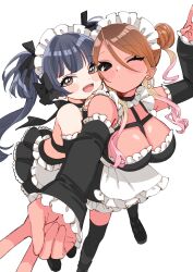 2girls absurdres alternate_costume apron bare_shoulders between_breasts black_dress black_eyes black_hair black_ribbon black_shoes black_thighhighs blonde_hair blunt_bangs blush_stickers breasts brown_eyes brown_hair cleavage closed_mouth commentary_request dark-skinned_female dark_skin detached_sleeves double_bun double_v dress earrings enmaided eyelashes foreshortening frilled_dress frills gradient_hair hair_bun highres idolmaster idolmaster_shiny_colors izumi_mei jewelry leaning_on_person light_blush long_hair looking_at_viewer maid maid_apron maid_headdress mayuzumi_fuyuko midriff multicolored_hair multiple_girls one_eye_closed open_mouth pink_hair ribbon shoes standing sukoyaka_(100hituzi) swept_bangs thighhighs two_side_up v waist_apron white_background