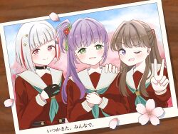 3girls :d ;d aqua_neckerchief black_choker black_gloves bob_cut brown_dress cherry_blossoms choker closed_mouth commentary_request diagonal_bangs dress flower fujishima_megumi gloves green_eyes hair_flower hair_ornament half_gloves hand_on_another&#039;s_shoulder hasu_no_sora_school_uniform highres inverted_bob link!_like!_love_live! long_sleeves looking_at_viewer love_live! multicolored_hair multiple_girls neckerchief o-ring o-ring_choker okome_(okome_l_l) one_eye_closed open_mouth otomune_kozue own_hands_together photo_(object) pink_flower pink_petals purple_hair red_eyes red_flower red_hair sailor_collar sailor_dress school_uniform short_hair sidelocks smile split_mouth star_(symbol) star_hair_ornament streaked_hair tassel tassel_hair_ornament translation_request upper_body v virtual_graduation_commemoration virtual_youtuber white_hair white_sailor_collar winter_uniform yugiri_tsuzuri