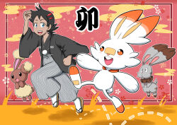 1boy buneary bunnelby chinese_zodiac dark-skinned_male dark_skin gen_4_pokemon gen_6_pokemon gen_8_pokemon gouguru hopping japanese_clothes kimono new_year nintendo pokemon pokemon_(anime) running scorbunny